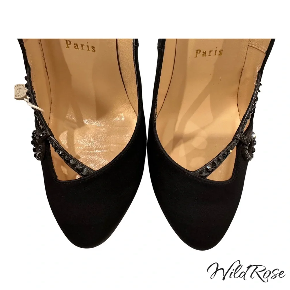 CHRISTIAN LOUBOUTIN Black Satin Rhinestone Embellished Heels SZ 38 - Picture 6 of 15